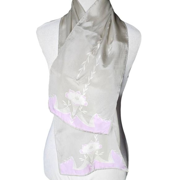 Vintage Silk Art Nouveau Style Floral Scarf Grey Pink - Picture 1 of 3